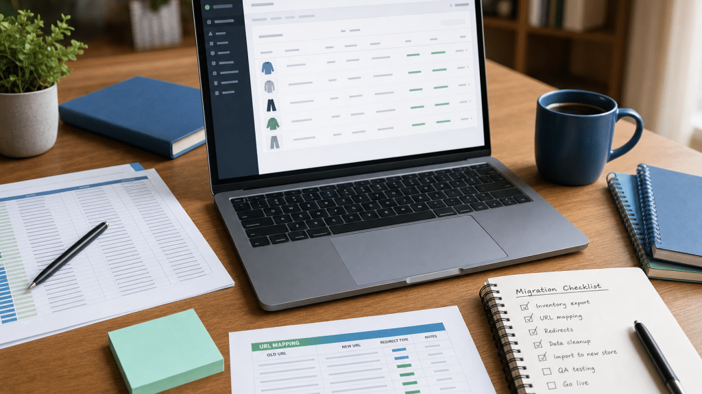 magento to shopify migration planning workspace with laptop and URL redirect spreadsheets on a desk