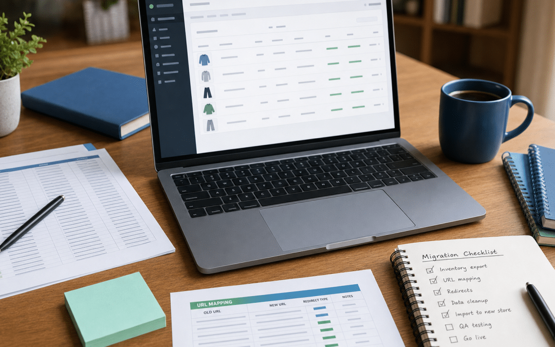 magento to shopify migration planning workspace with laptop and URL redirect spreadsheets on a desk