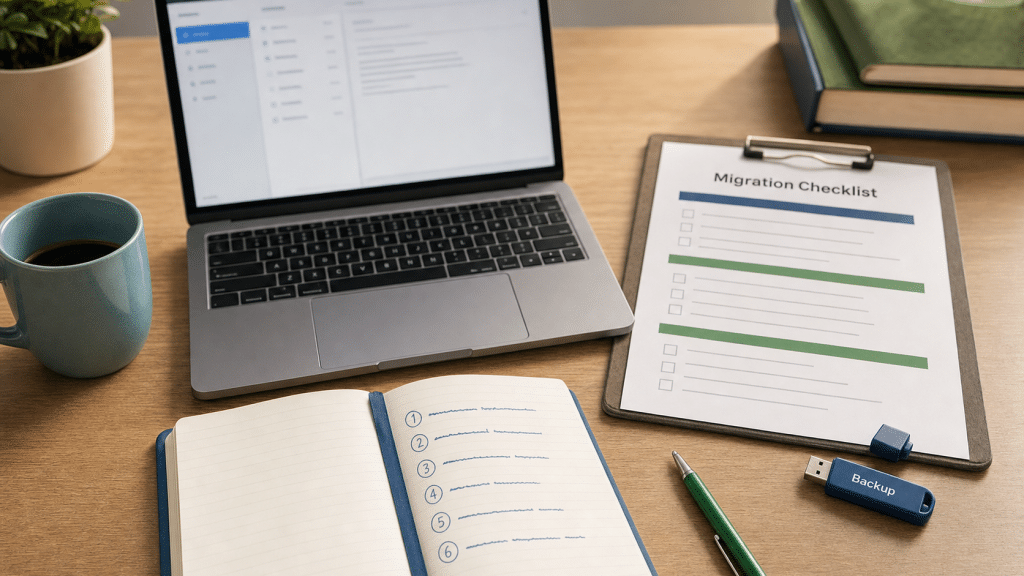 migrate imap email to microsoft 365 — office desk with laptop, migration checklist clipboard and USB drive