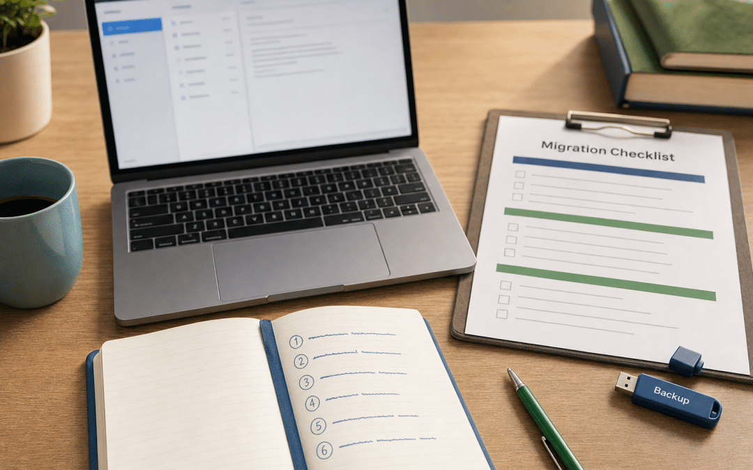 migrate imap email to microsoft 365 — office desk with laptop, migration checklist clipboard and USB drive