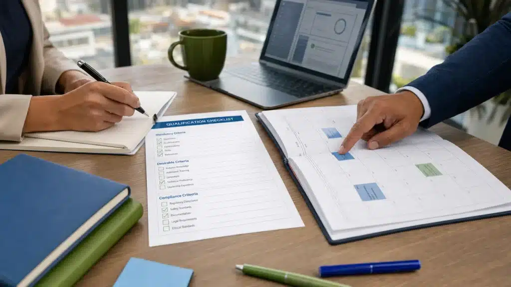 qualified lead vs booked meeting — SA B2B professionals reviewing lead criteria checklist and meeting calendar