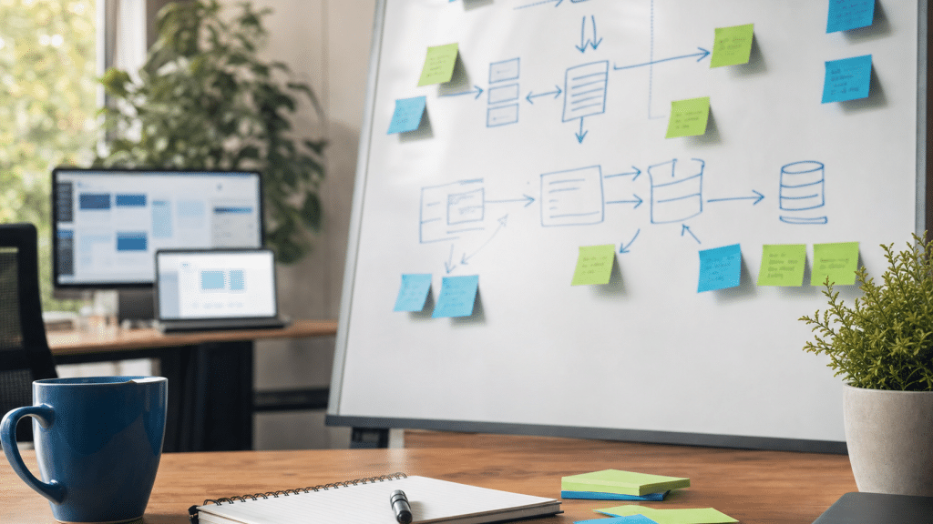 ecommerce replatforming planning whiteboard with platform migration diagram and sticky notes