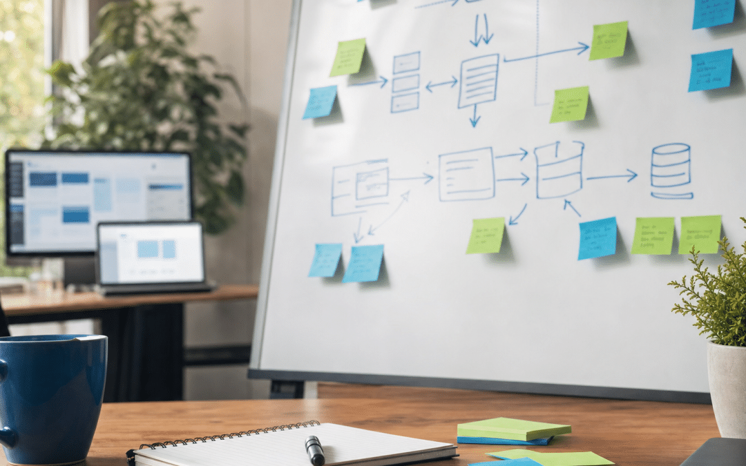 ecommerce replatforming planning whiteboard with platform migration diagram and sticky notes