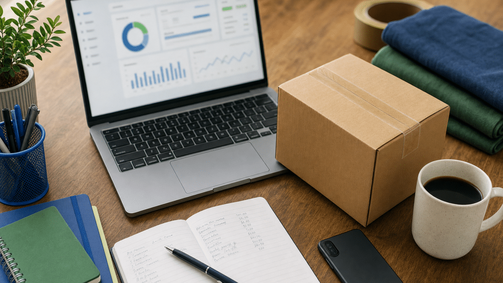 shopify apps worth paying for south africa — flat-lay of ecommerce workspace with laptop, shipping box and notebook
