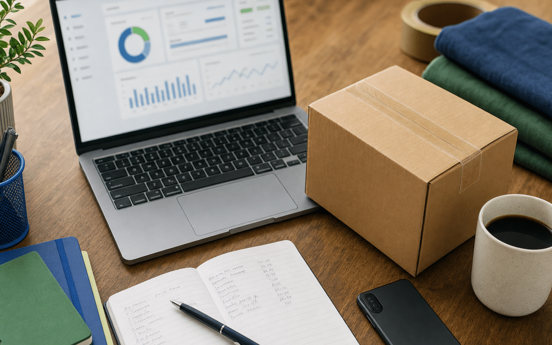 shopify apps worth paying for south africa — flat-lay of ecommerce workspace with laptop, shipping box and notebook