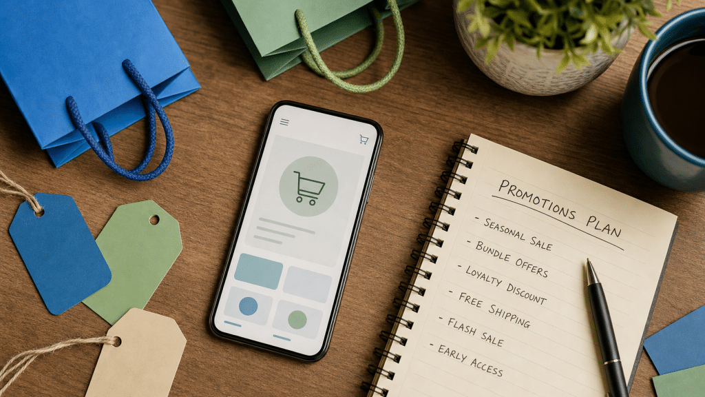 shopify automatic discounts combinations — discount planning flat-lay with shopping bags and price tags on a desk