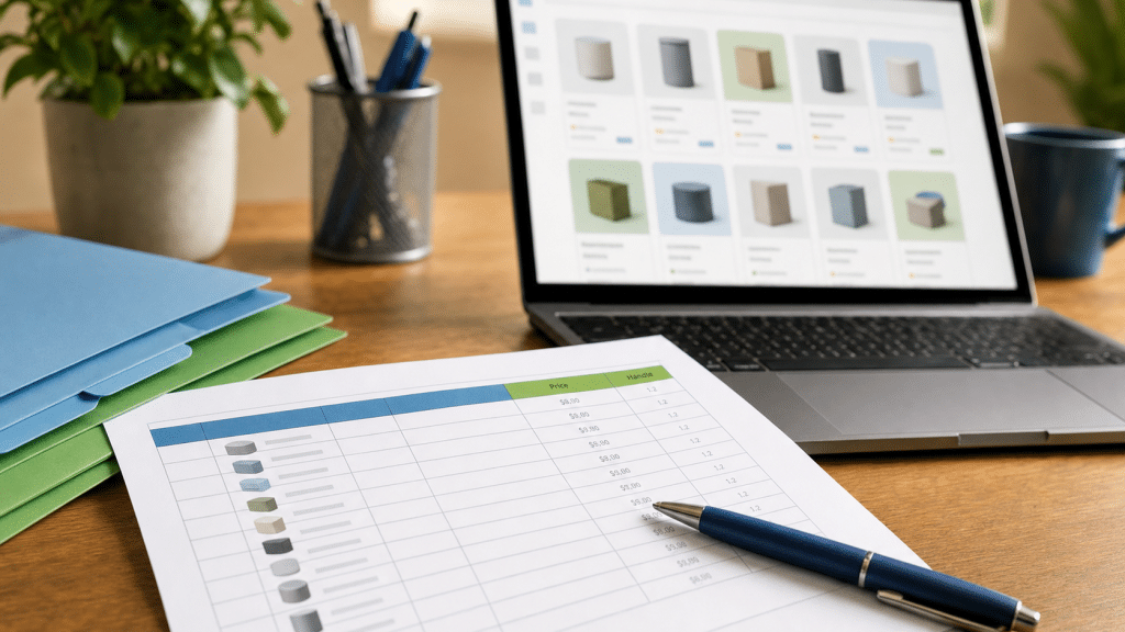 shopify csv import spreadsheet template with highlighted product columns on a desk