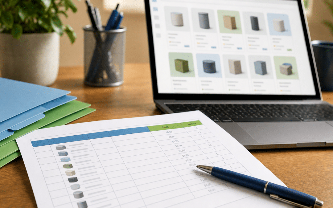 shopify csv import spreadsheet template with highlighted product columns on a desk