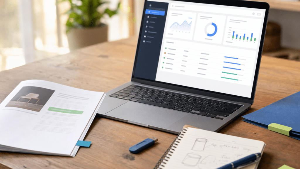 shopify digital downloads setup workspace with laptop ebook and product notes