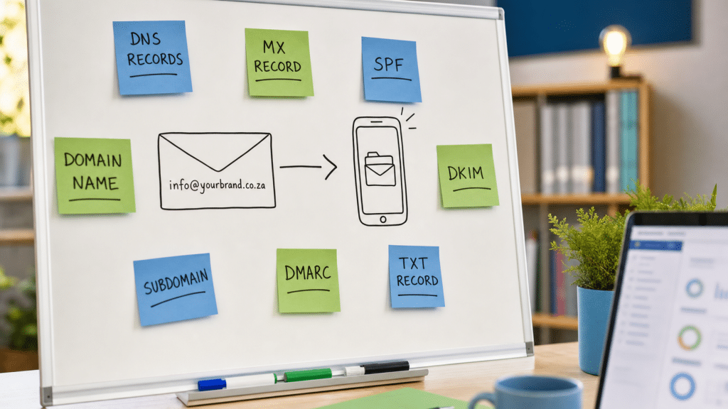 shopify domain email forwarding setup diagram on whiteboard with DNS notes