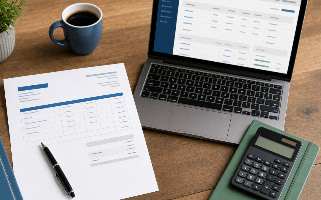 shopify draft order invoice flat-lay with printed invoice document and laptop on wooden desk