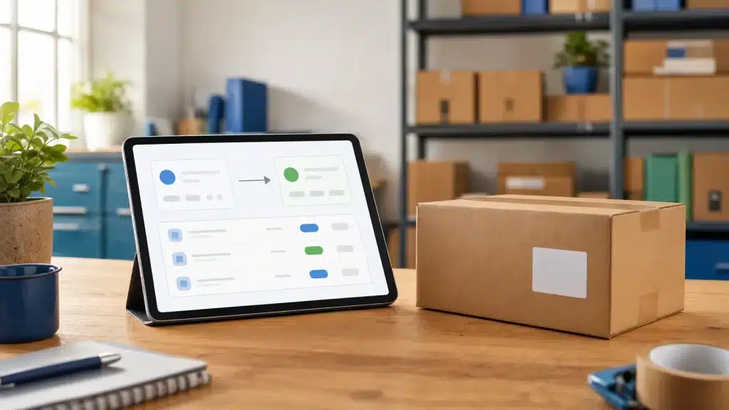 shopify inventory transfer south africa — tablet showing a stock transfer between two locations beside a packed courier box