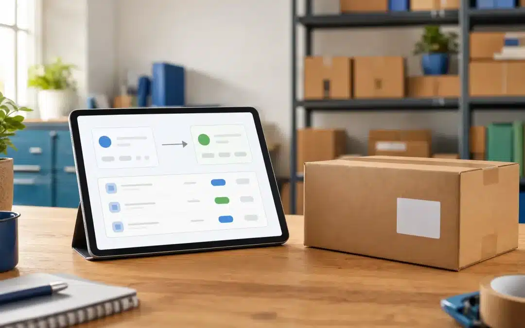 shopify inventory transfer south africa — tablet showing a stock transfer between two locations beside a packed courier box