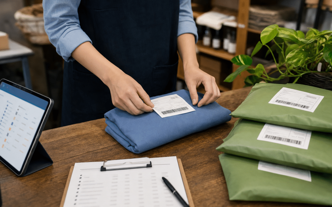 shopify local pickup setup — store employee preparing click and collect orders on a counter