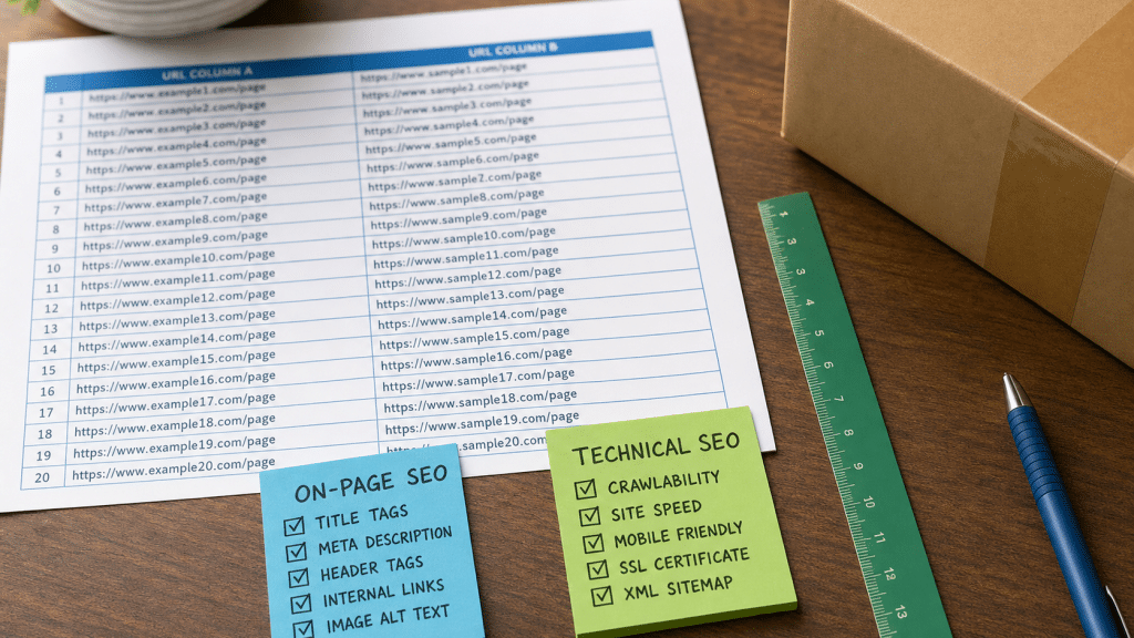 shopify migration seo checklist flat-lay with URL redirect map spreadsheet and sticky notes