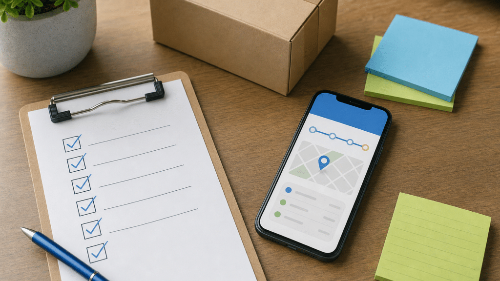 shopify partial fulfillment checklist and parcel tracking setup on a desk
