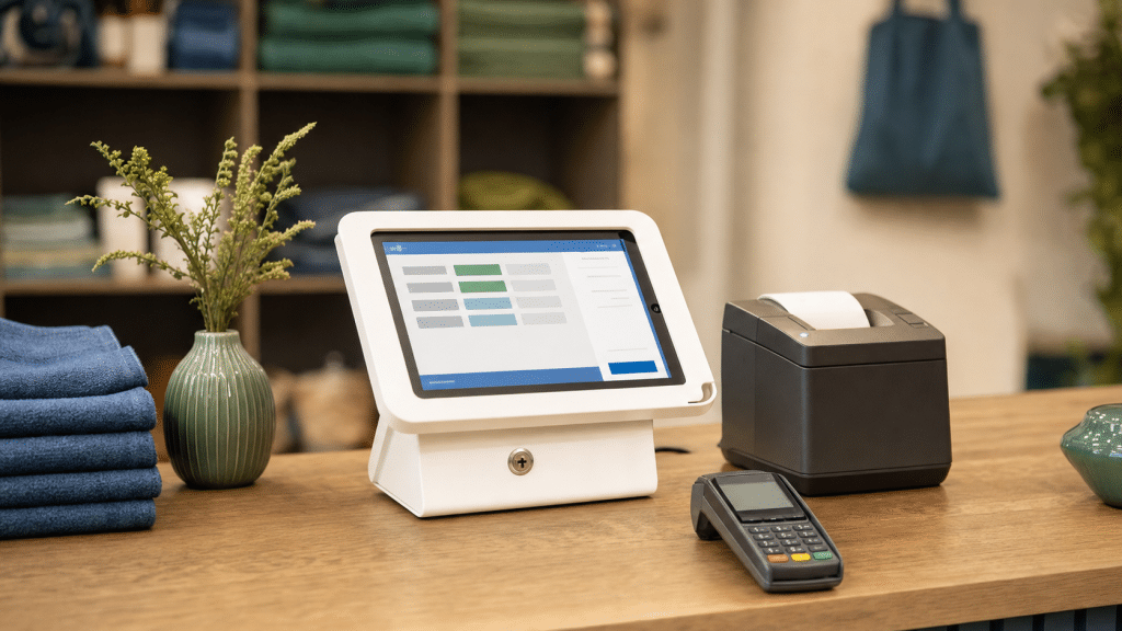 shopify pos hardware setup on a South African retail counter with iPad stand and receipt printer