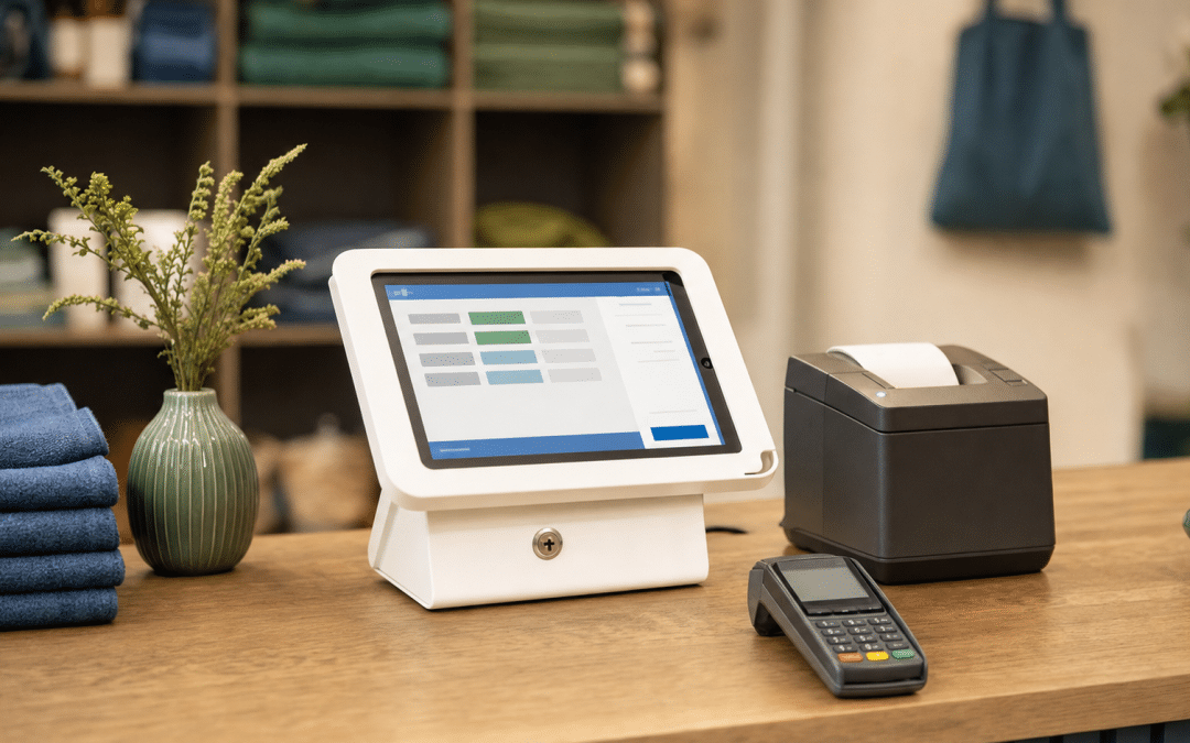 shopify pos hardware setup on a South African retail counter with iPad stand and receipt printer