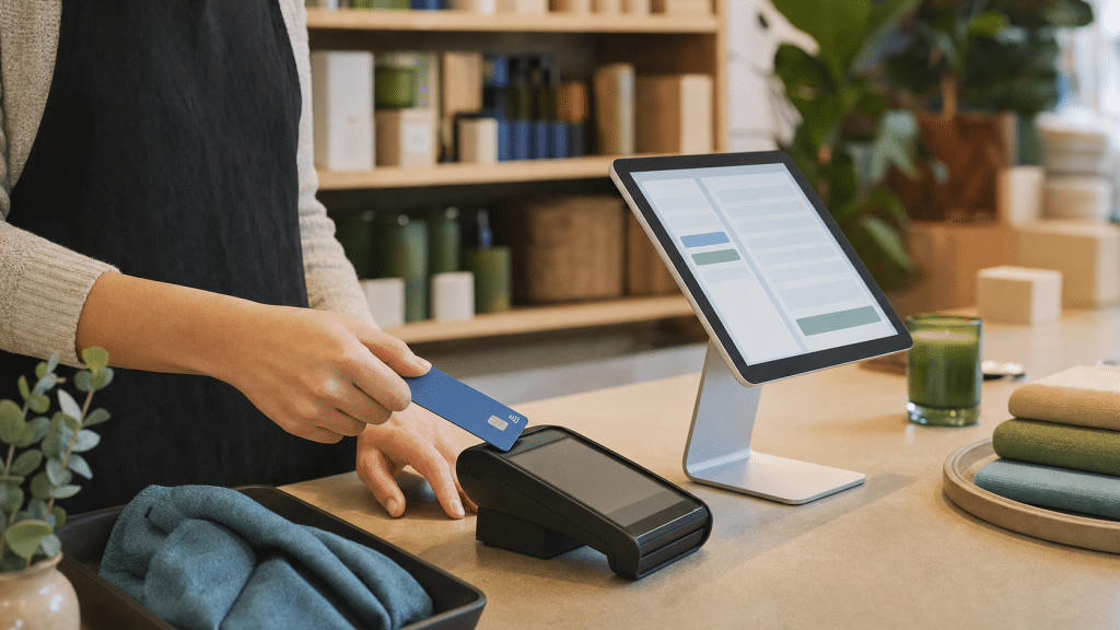 shopify pos vs yoco south africa — retailer processing card payment at boutique counter with tablet till