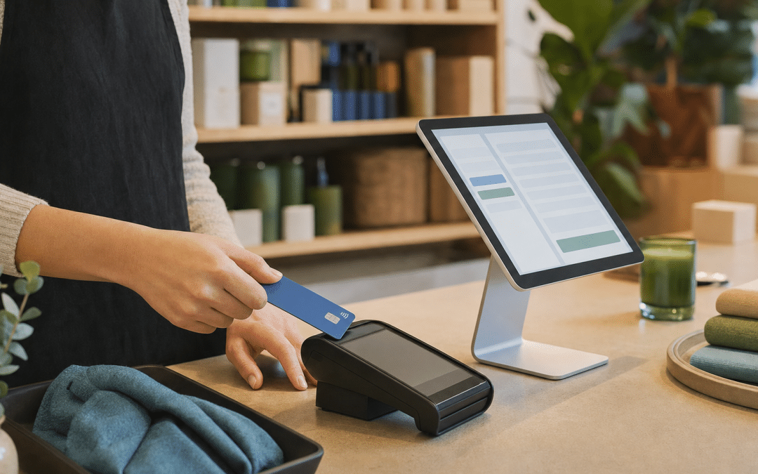shopify pos vs yoco south africa — retailer processing card payment at boutique counter with tablet till