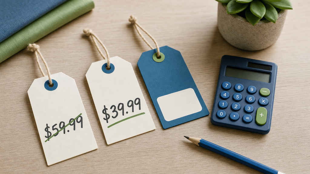 shopify product compare at price setup guide flat-lay with price tags and calculator