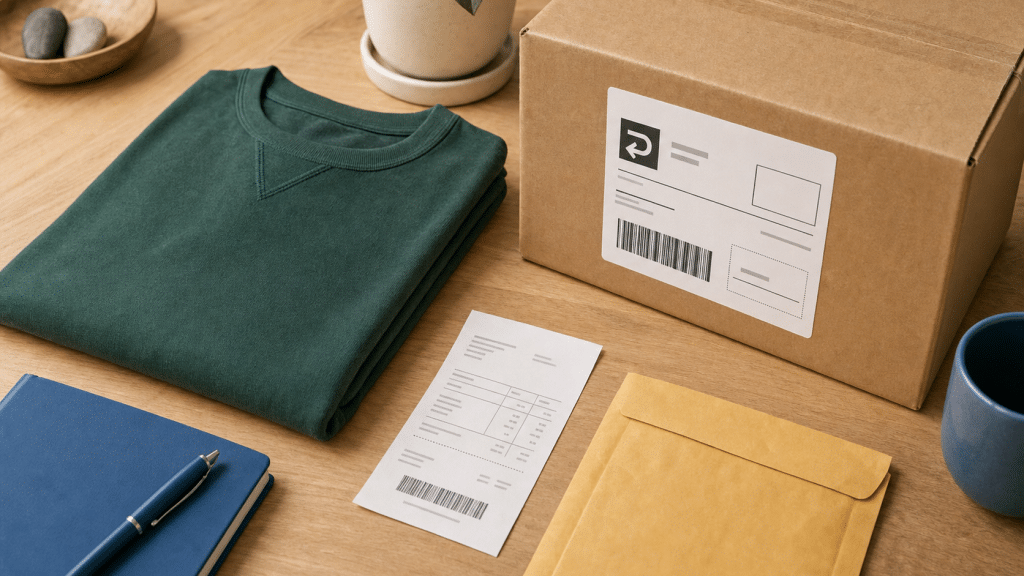 shopify returns management — flat-lay of folded garment, return box and shipping label on natural wood surface