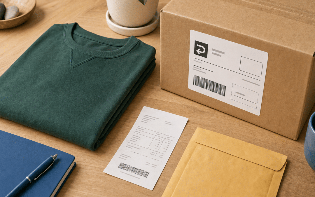 shopify returns management — flat-lay of folded garment, return box and shipping label on natural wood surface