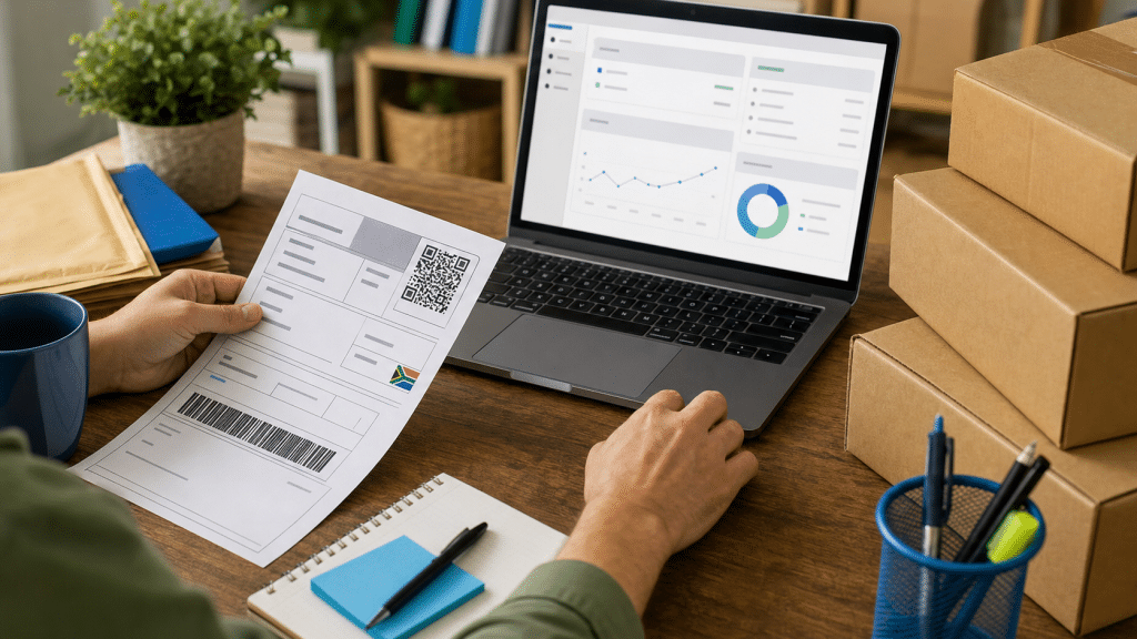 shopify shipping not available — SA store owner troubleshooting Shopify shipping settings on a laptop with courier parcels on desk