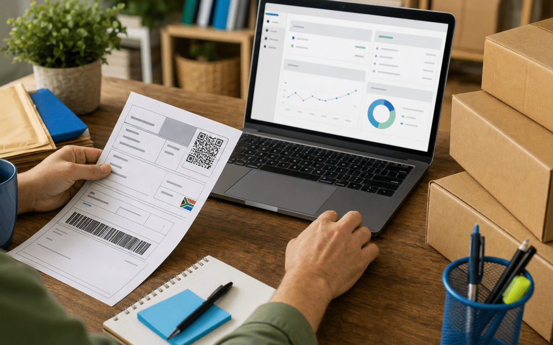 shopify shipping not available — SA store owner troubleshooting Shopify shipping settings on a laptop with courier parcels on desk