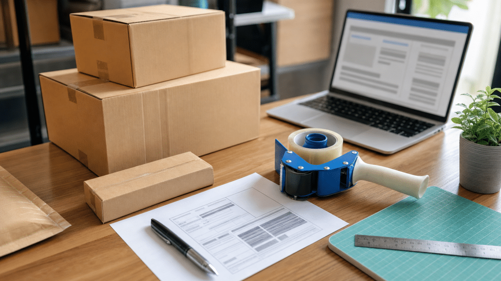 shopify shipping profiles combined rates — shipping boxes and waybill on a wooden desk