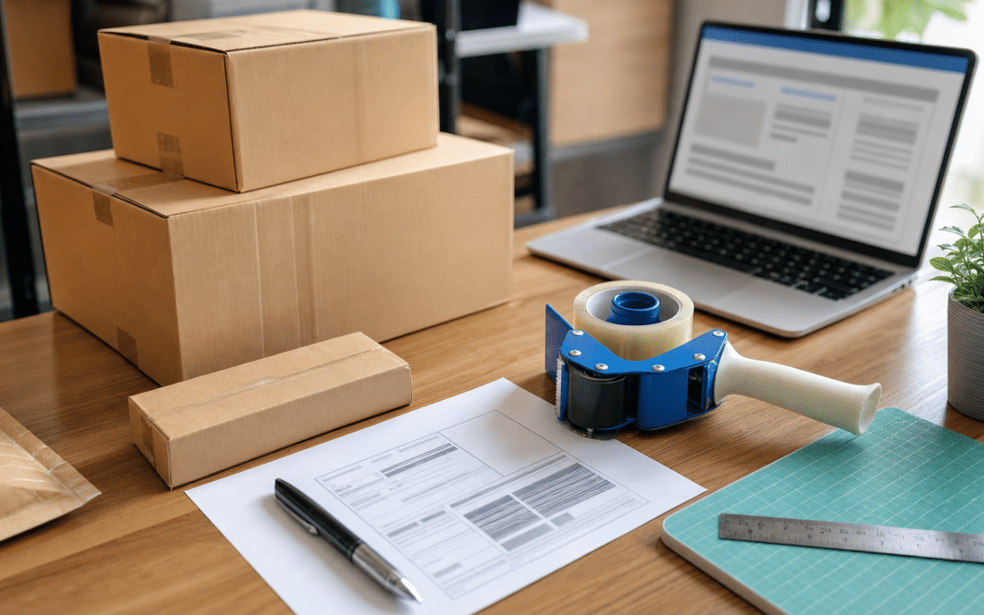 shopify shipping profiles combined rates — shipping boxes and waybill on a wooden desk