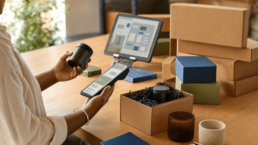 shopify starter plan — South African entrepreneur reviewing ecommerce product packaging and mobile point of sale setup at a warm wooden desk