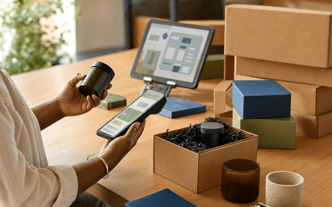 shopify starter plan — South African entrepreneur reviewing ecommerce product packaging and mobile point of sale setup at a warm wooden desk