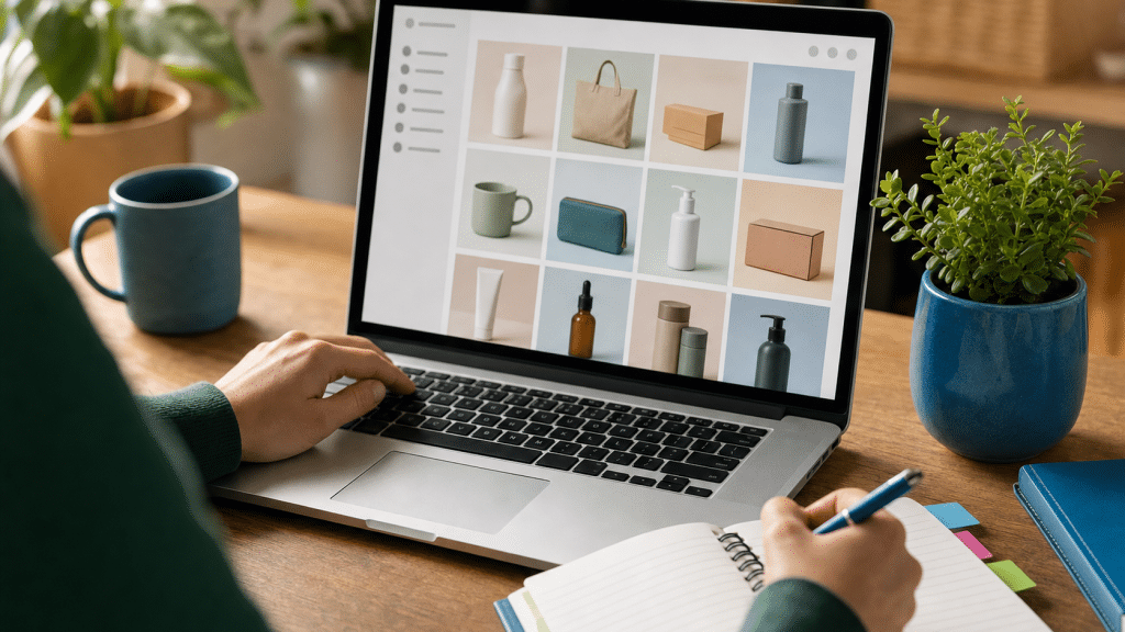 shopify store examples south africa — over-the-shoulder view of ecommerce store pages on laptop