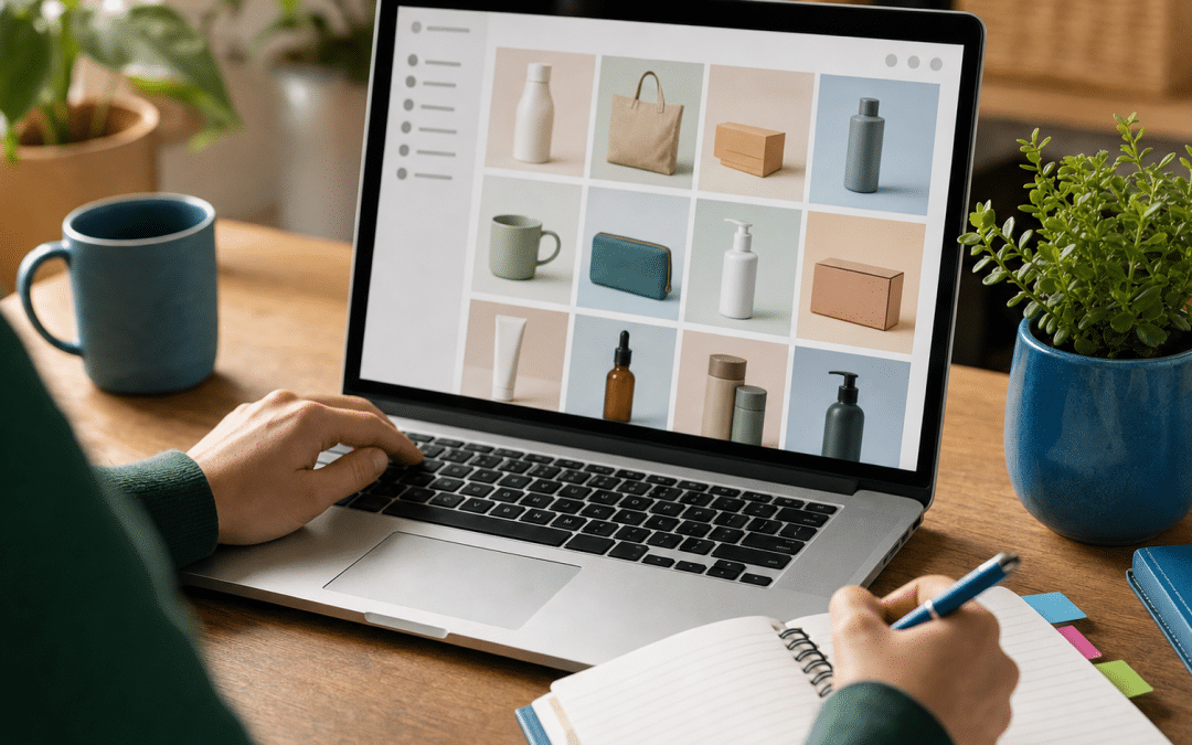 shopify store examples south africa — over-the-shoulder view of ecommerce store pages on laptop