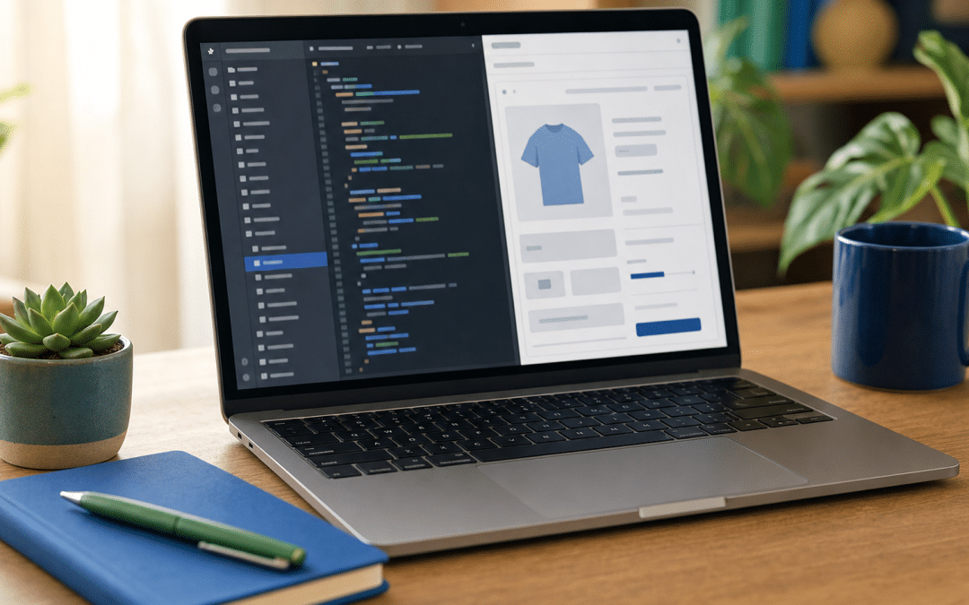 shopify theme update without losing customizations — developer reviewing Liquid code and theme editor on a laptop