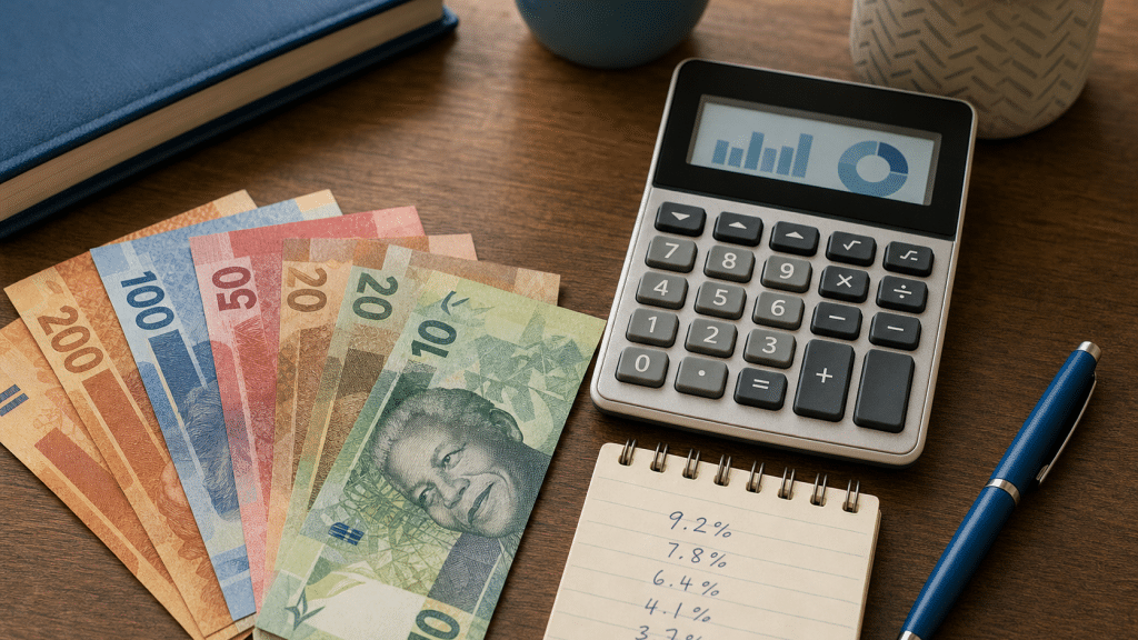 shopify transaction fees South Africa — rand notes, calculator and fee percentages on wooden desk