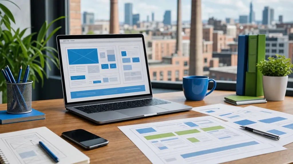 web design cost vanderbijlpark — website wireframes on a desk with Vaal Triangle industrial skyline