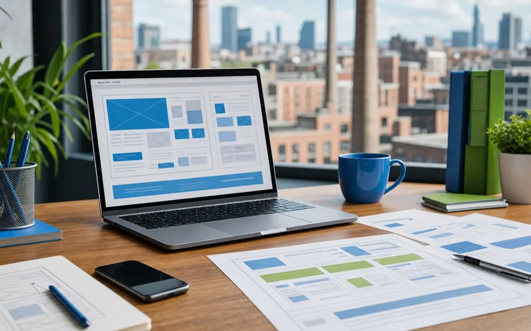 web design cost vanderbijlpark — website wireframes on a desk with Vaal Triangle industrial skyline