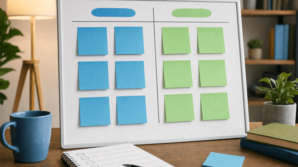 website redesign vs rebuild decision chart on whiteboard with blue and green notes