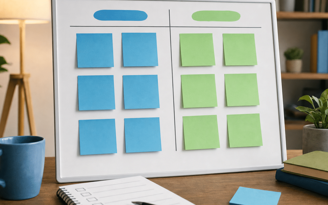 website redesign vs rebuild decision chart on whiteboard with blue and green notes