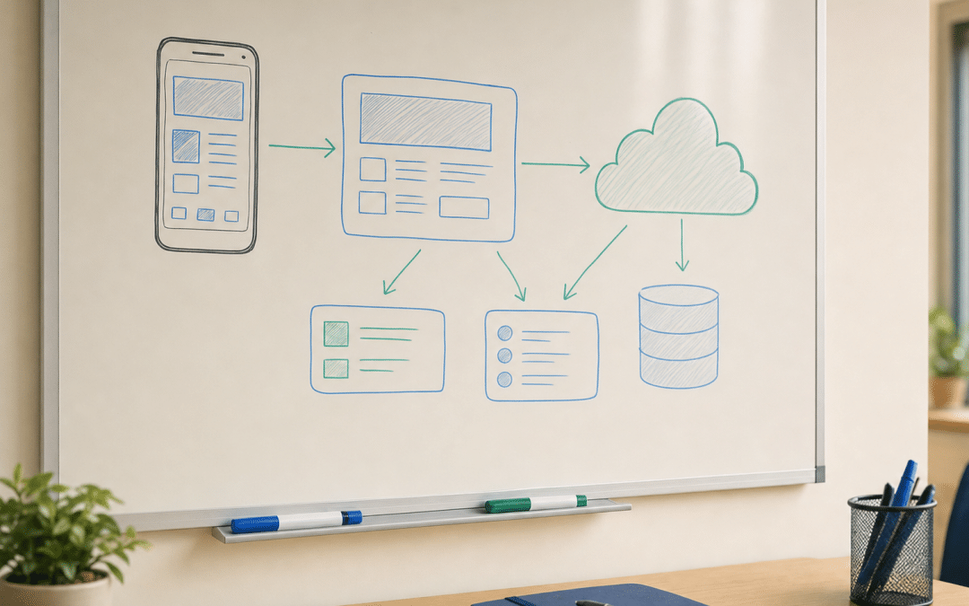 WhatsApp business backup restore planning on a whiteboard with a phone and cloud diagram