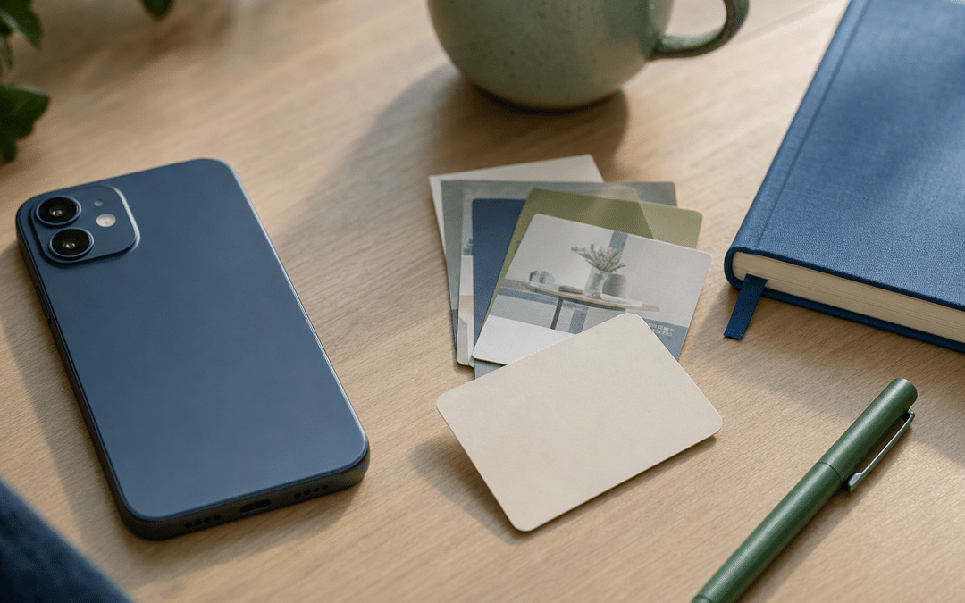 WhatsApp business catalogue link planning flat-lay with phone, product cards and notebook