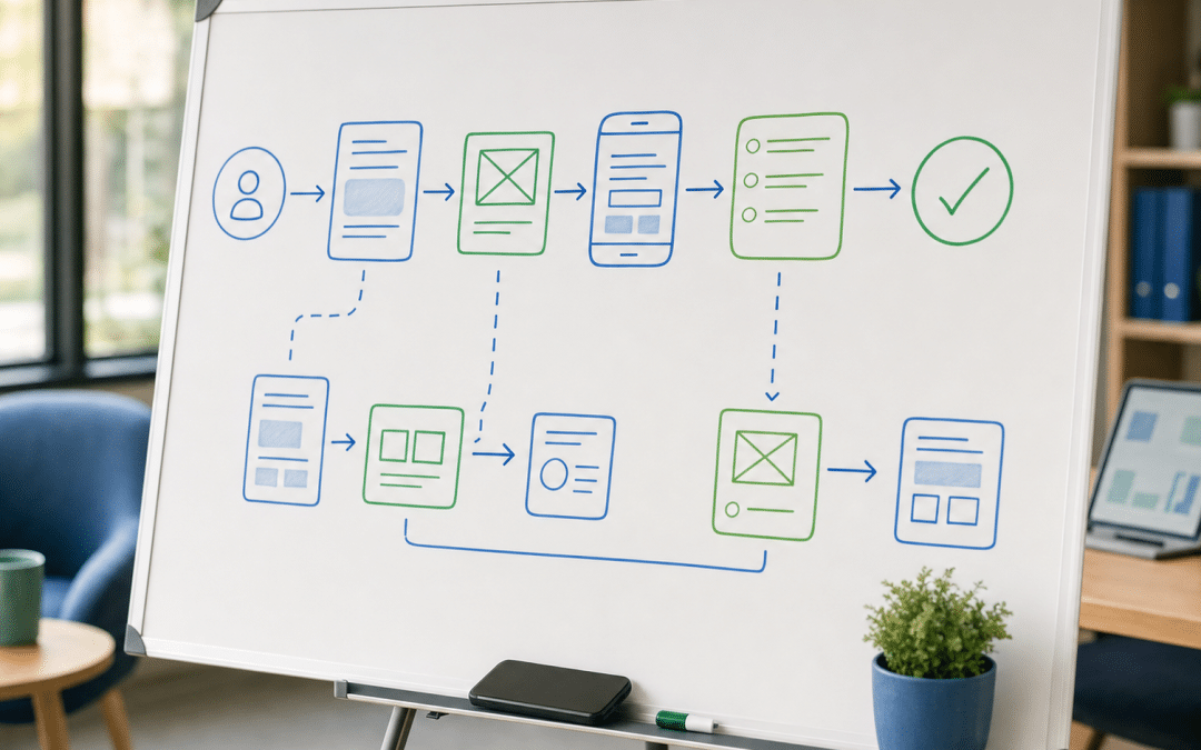 WhatsApp business profile planning whiteboard with sketched customer journey and smartphone