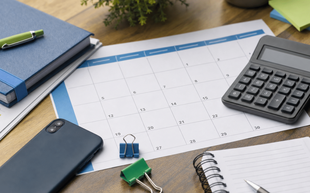 WhatsApp marketing for accountants flat-lay with calendar, calculator and smartphone on a desk