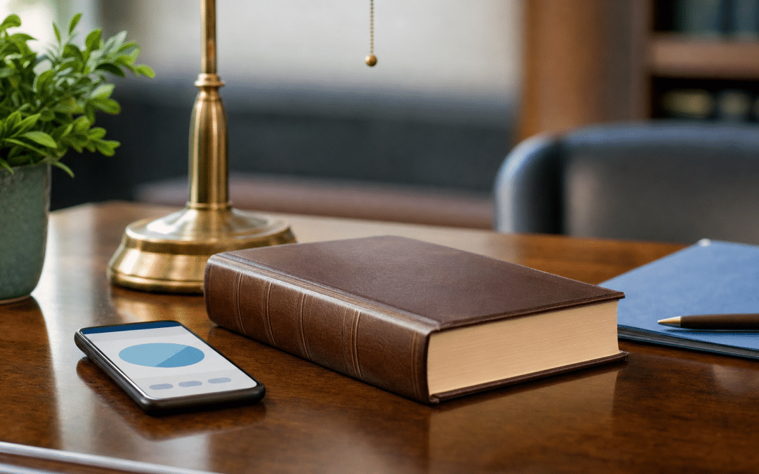 WhatsApp marketing for attorneys: smartphone beside a law book and desk lamp on a law firm desk