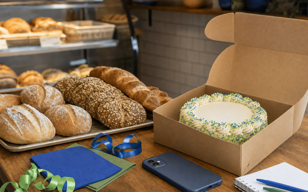 WhatsApp marketing for bakeries: fresh loaves and a boxed cake on a South African bakery counter with a phone