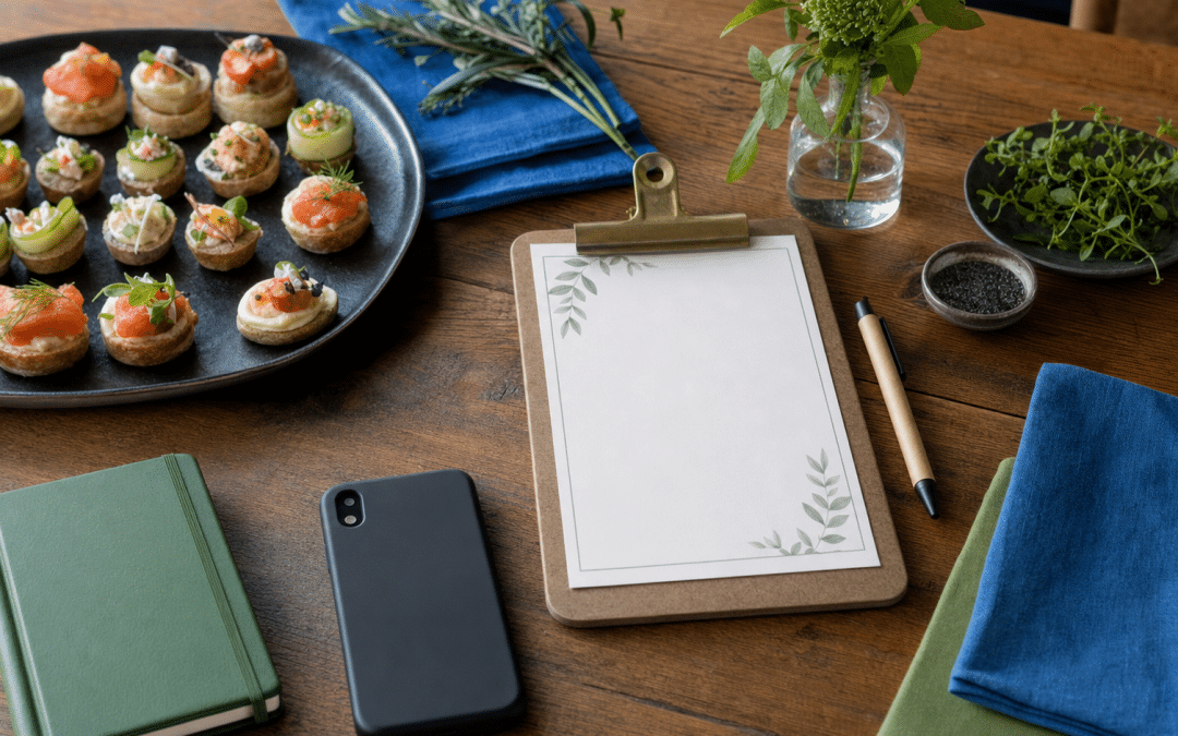 WhatsApp marketing for caterers: canape platter, menu clipboard and phone on a catering planning table