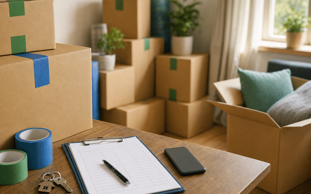 WhatsApp marketing for moving companies: moving boxes, keys, inventory clipboard and phone on a table
