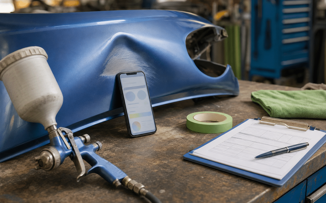 WhatsApp marketing for panel beaters: smartphone, dented panel and job cards on a workshop bench
